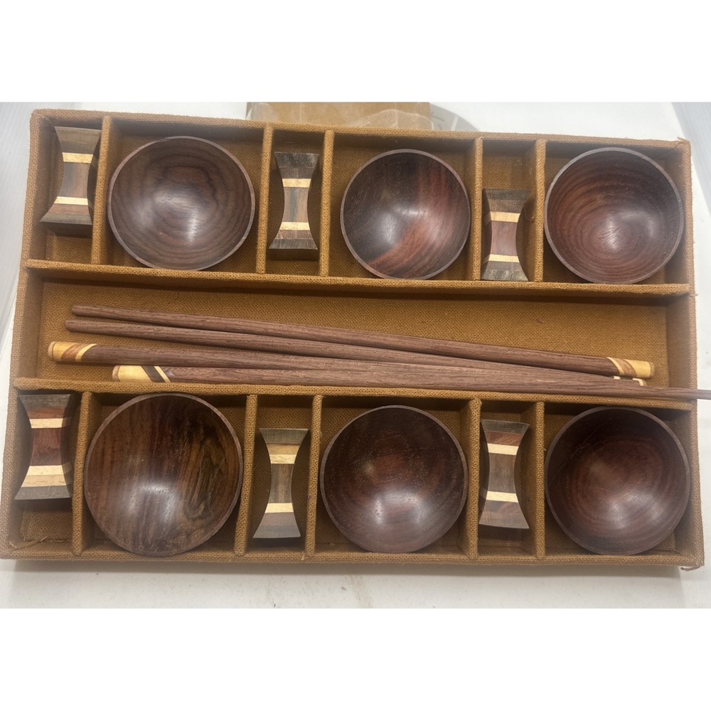 VTG. Sushi Set- 4 Chopsticks 6 Rests 6 Walnut Bowls Case With Fabric on Top